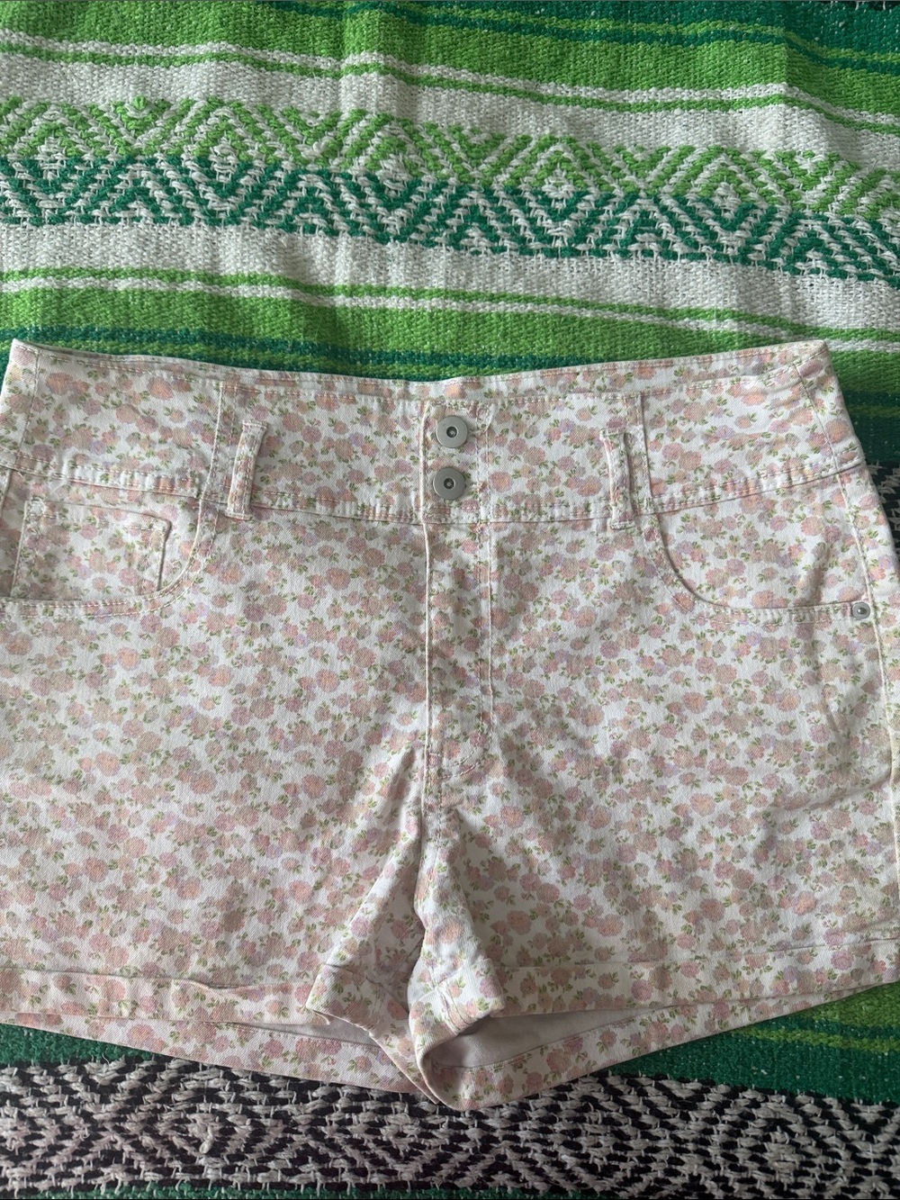 No Boundaries Pink Floral Denim-Style Jean Shorts